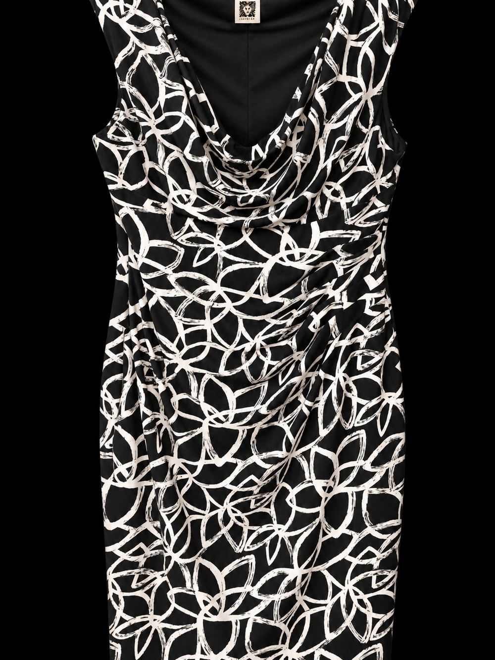 Anne Klein Blue and White Abstract Ring Print Cowl Neck Midi Dress